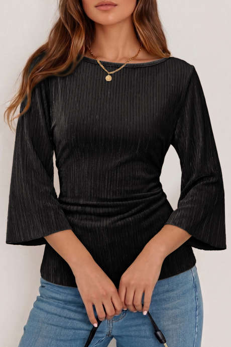 Black Solid Color Flare Sleeve Criss-Cross Tie Waist Pleated Blouse, Autumn/Winter