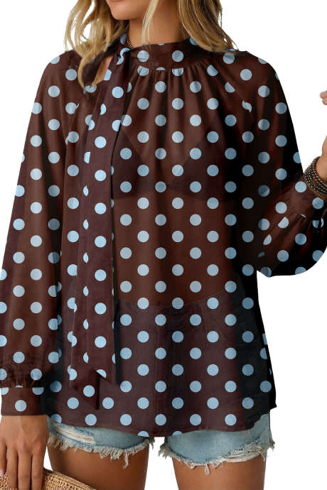 Brown Women's Elegant Casual Fashion Beige Polka Dot Pattern Blouse - Bow Tie, Lantern Sleeves, Loose, Pleated, Semi-Sheer
