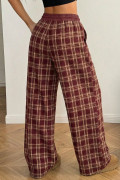 Red Frenchy Plaid Pattern Contrast Drawstring Waist Wide Leg Pants