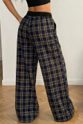 Yellow Frenchy Plaid Pattern Contrast Drawstring Waist Wide Leg Pants