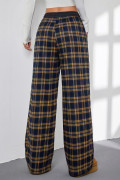 Yellow Frenchy Plaid Pattern Contrast Drawstring Waist Wide Leg Pants