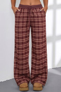 Red Frenchy Plaid Pattern Contrast Drawstring Waist Wide Leg Pants