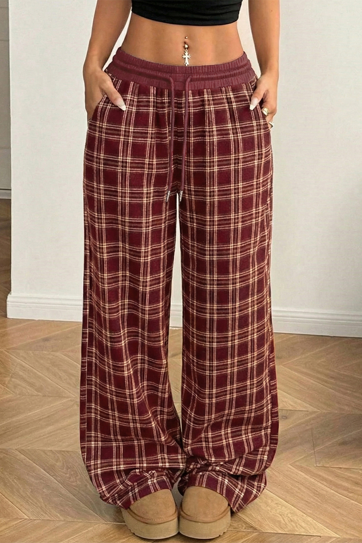 Red Frenchy Plaid Pattern Contrast Drawstring Waist Wide Leg Pants