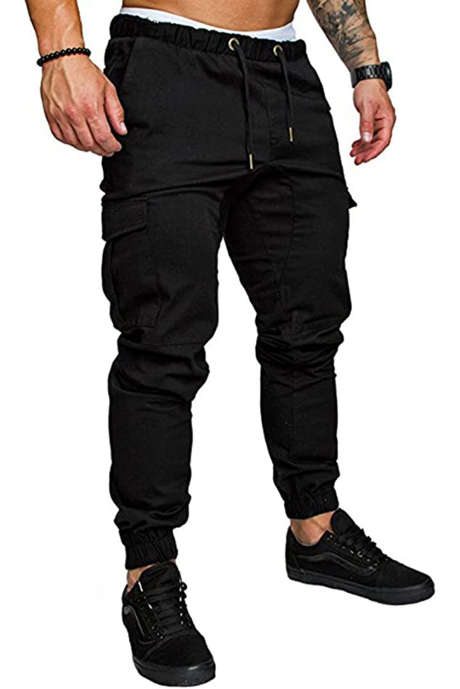 Black JMIERR Mens Fashion Cargo Pants - Casual Cotton Tapered Stretch Twill Drawstring Athletic Joggers Sweatpants with 6 Pockets