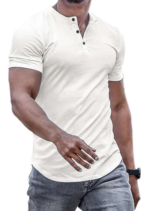 White JMIERR Mens Henley Shirts Crewneck Short Sleeve T Shirt Ribbed Slim Button collar Tees