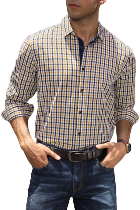Khaki JMIERR Men's Button Down Shirts Long Sleeve Wrinkle-Free Cotton Business Dress Plaid Shirt Tops S-XXL