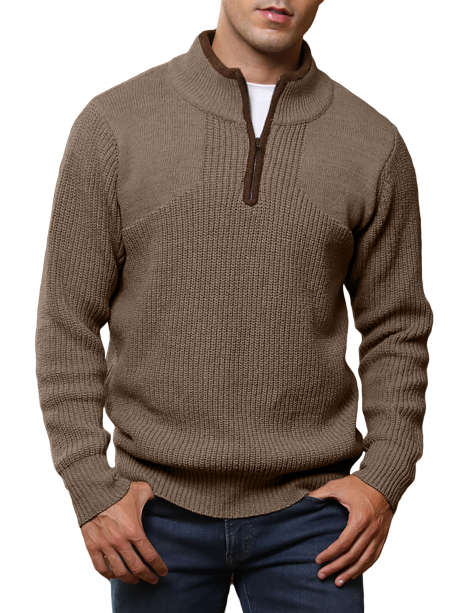Brown JMIERR Mens Quarter Zip Sweaters Mock Neck Ribbed Soft Long Sleeve Knitted Pullover Polo Sweaters