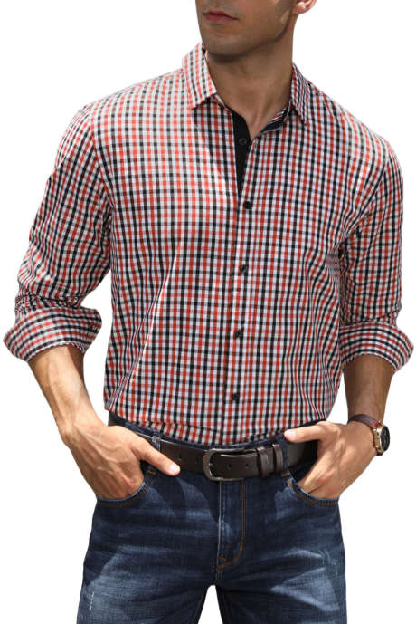 Red JMIERR Men's Button Down Shirts Long Sleeve Wrinkle-Free Cotton Business Dress Plaid Shirt Tops S-XXL