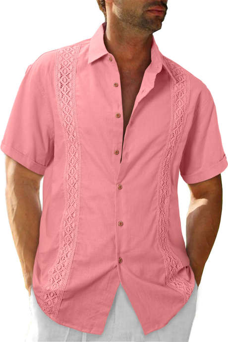 Pink JMIERR Mens Casual Short Sleeve Button Down Linen Shirts Hawaiian Shirts Beach Golf Shirts Men White