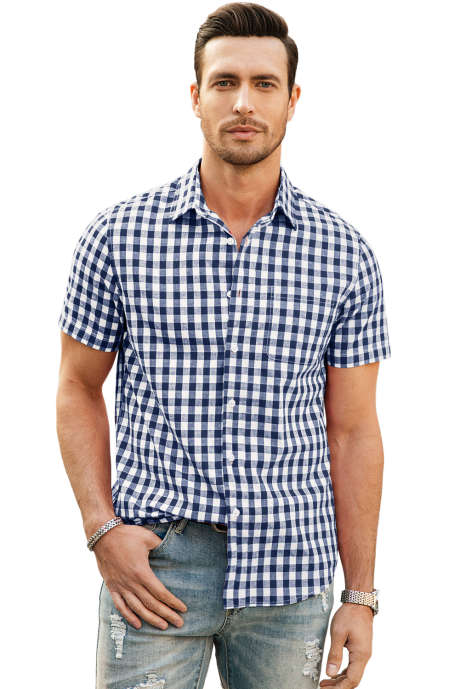 Blue JMIERR Mens Short Sleeve Button Down Shirts 100% Cotton Classic Plaid Shirts