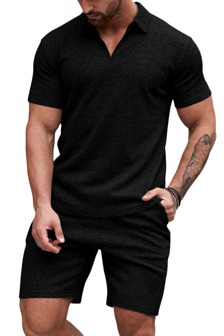JMIERR Mens Tracksuits 2 Pieces Set Short Sleeve Polo Shirt Jogger Beach Shorts Sweatsuit for Men 2 Piece Outfits Black
