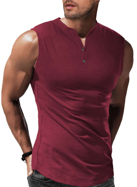 Burgundy JMIERR Mens Muscle Tank Tops Slim Henley Longline Cotton Sleeveless Undershirts T-Shirt Tees with Button